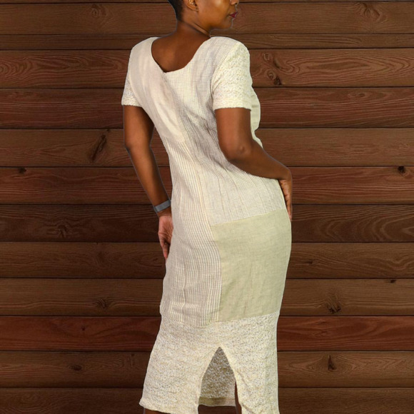 KC Spencer Column Straight Midi Dress Tan Mixed Print Checks Gingham Deadstock 8 - Picture 2 of 16